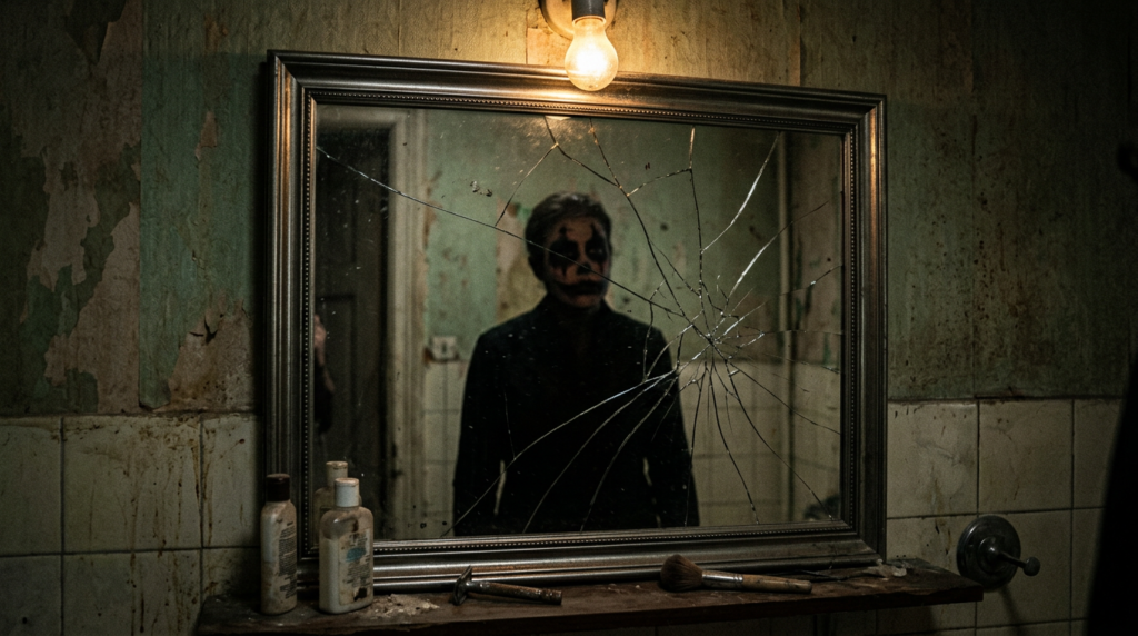 Cracked bathroom mirror reflecting a person with dark makeup resembling a clown