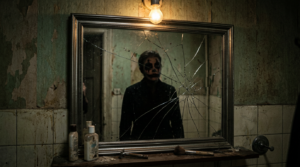 Cracked bathroom mirror reflecting a person with dark makeup resembling a clown