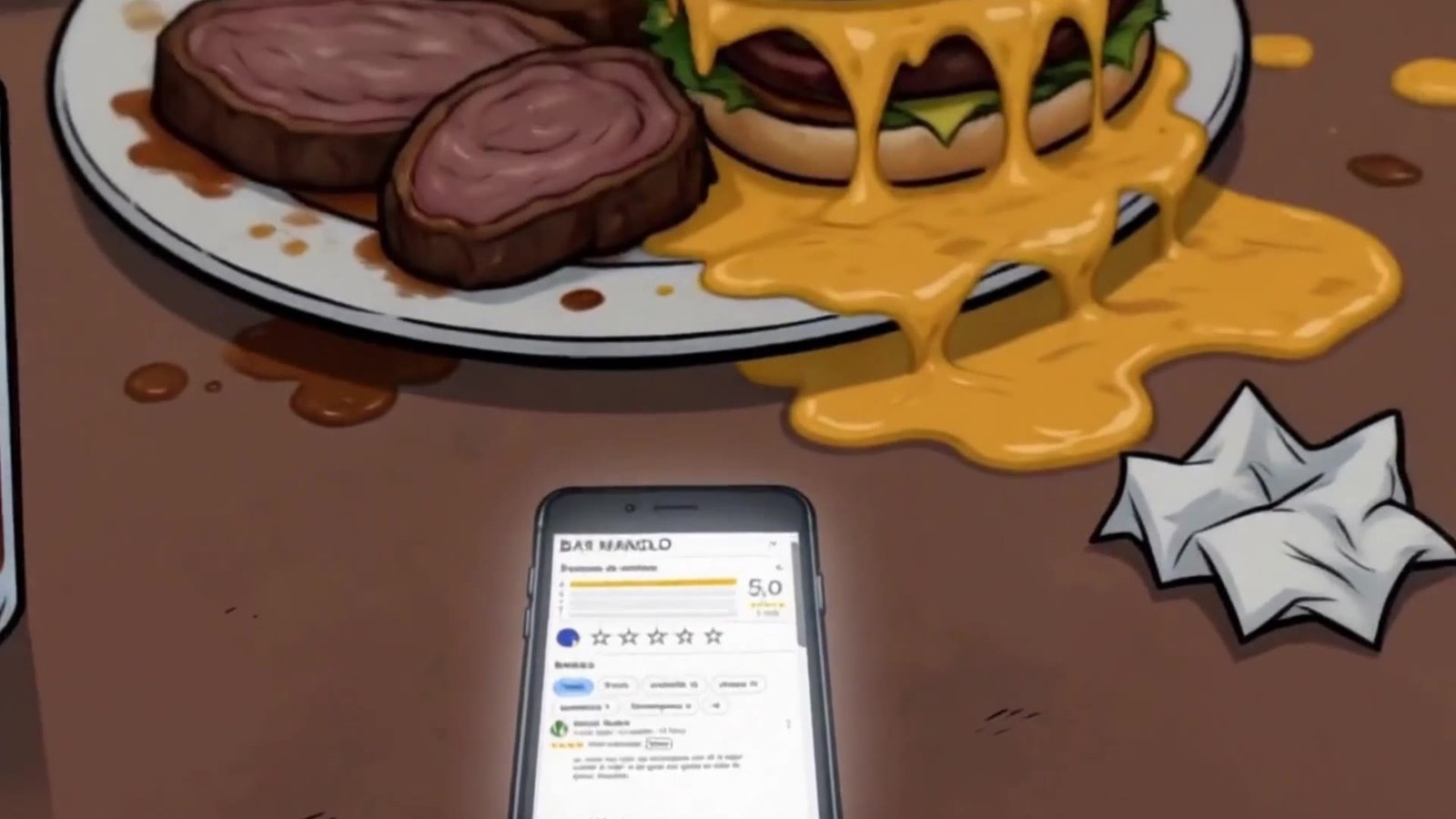 Una hamburguesa desparramada en el plato junto a un móvil con una reseña de cinco estrellas, capítulo 5 de Photo Xperience